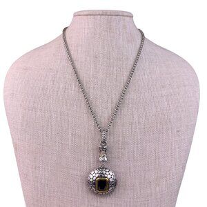 Silver Tone Womens Two-Tone Pendant Necklace Black Stone & Crystal Accent